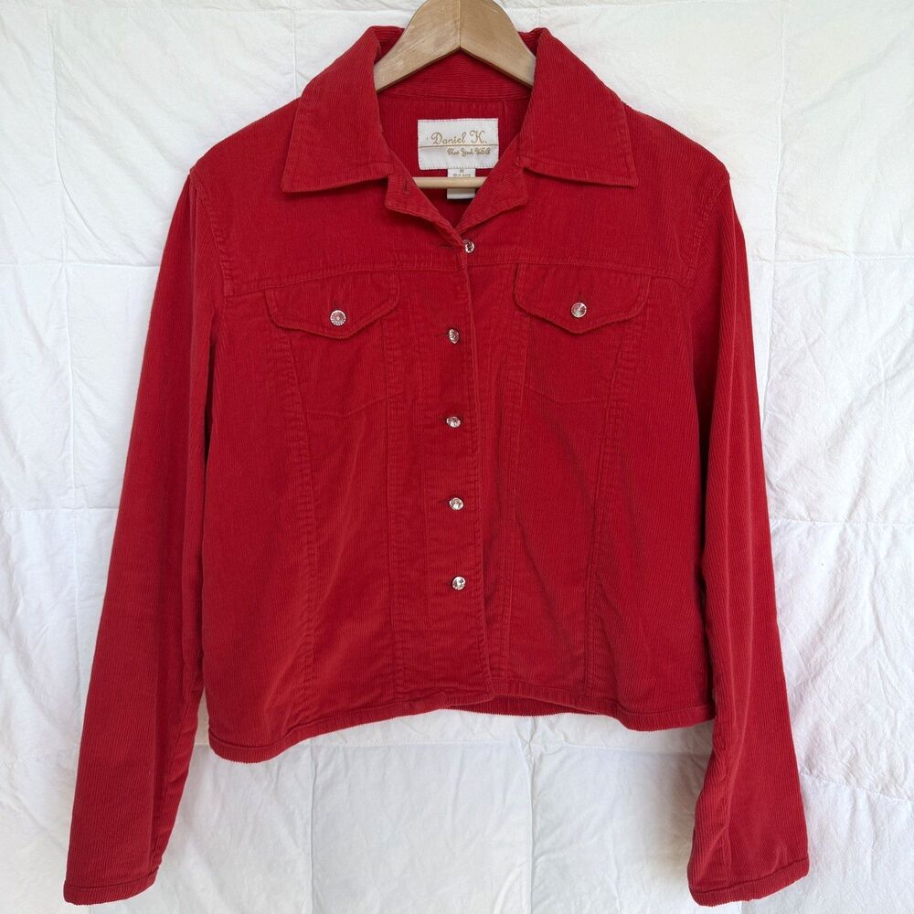 Daniel K New York USA Red Corduroy Cotton/Spandex Jacket Rhinestone Buttons Med